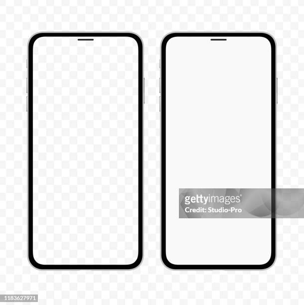 new version of slim smartphone similar to iphone with blank white and transparent screen. realistic vector mockup - portable information device stock illustrations