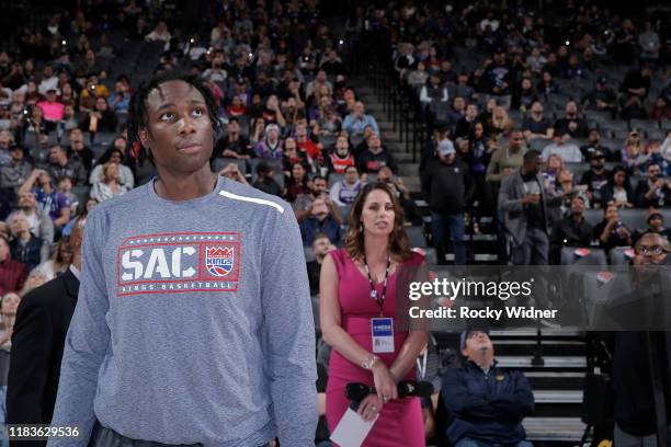 Caleb Swanigan of the Sacramento Kings looks on during the game against the Portland Trail Blazers on November 12, 2019 at Golden 1 Center in...