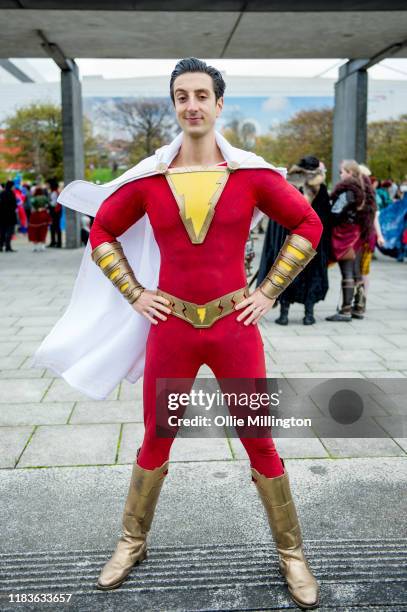Cosplayer in character as Captain Marvel, also known as Shazam during day 2 of the October MCM London Comic Con 2019 at ExCel on October 26, 2019 in...