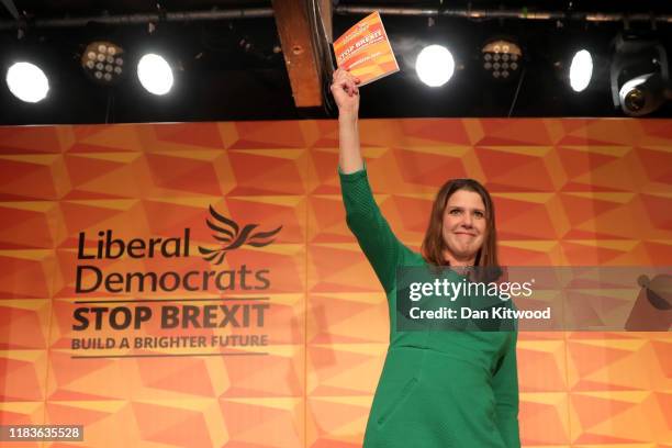 Liberal Democrats leader Jo Swinson launches the Liberal Democrat election manifesto at FEST Camden on November 20, 2019 in London, England. The...