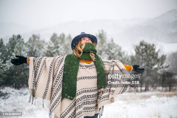 冷たい雪の冬の日を楽しむ、手を挙げる美しい女性 - ポンチョ ストックフォトと画像