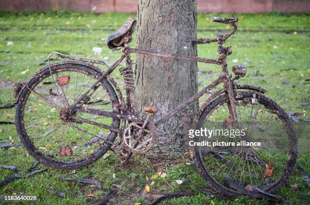 November 2019, Hessen, Frankfurt/Main: A completely rusty bicycle that was recovered from the Main River leans against a tree. Photo: Andreas...