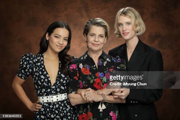 Actresses Natalia Reyes, Linda Hamilton and Mackenzie Davis are photographed for Los Angeles Times on October 26, 2019 in Los Angeles, California....