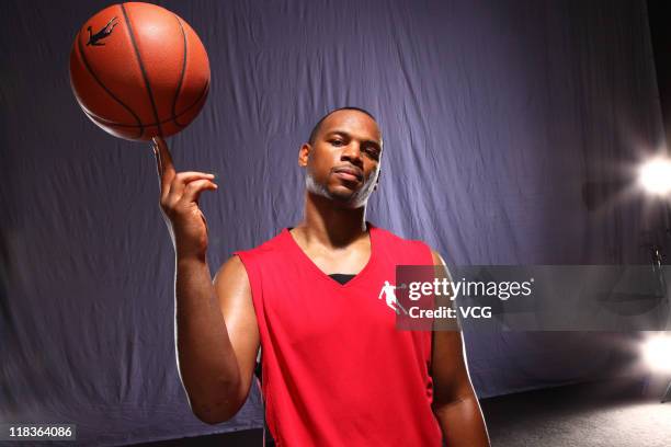 Player Chuck Hayes of Houston Rockets takes part in the filming of a commercial for Qiaodan Sports Co Ltd on June 3, 2011 in Beijng, China.