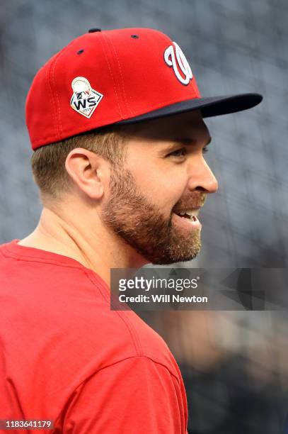 Brian Dozier of the Washington Nationals looks on during batting practice prior to Game Four of the 2019 World Series against the Houston Astros at...