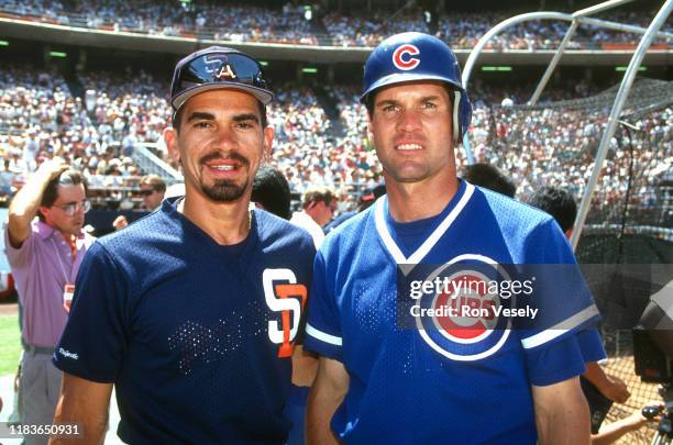 Benito Santiago of the San Diego Padres and Ryne Sandberg of the Chicago Cubs pose before the MLB All Star Game at Jack Murphy Stadium in San Diego,...