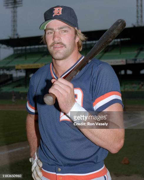 Kirk Gibson of the Detroit Tigers poses before an MLB game at Comiskey Park in Chicago, IL. Gibson played for the Detroit Tigers from 1979-1987 &...