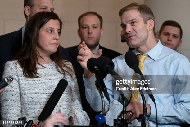 Rep. Elise Stefanik, , left, and Rep. Jim Jordan , right, speak with reporters following the testimony of Gordon Sondland, the U.S ambassador to the...