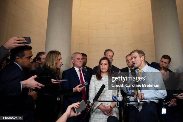 Rep. Jim Jordan, R-Ohio, joined by other House Republicans, speaks to the media after the testimony of Gordon Sondland, U.S. Ambassador to the...
