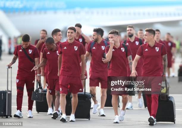 Exequiel Palacios, Gonzalo Montiel and Lucas Martinez Quarta of River Plate arrive to Grupo Aereo 8 Terminal on November 20, 2019 in Lima, Peru....