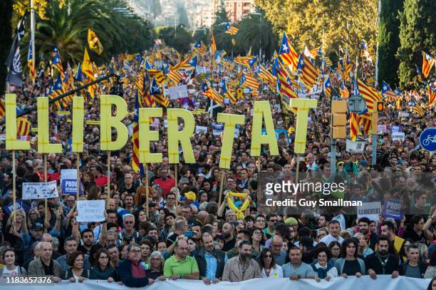 Over 300,000 people protest in Barcelona over the jailing of Catalan politicians who organised the the 2017 referendum on October 26, 2019 in...