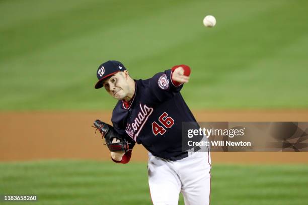 Patrick Corbin of the Washington Nationals delivers the pitch against the Houston Astros during the first inning in Game Four of the 2019 World...