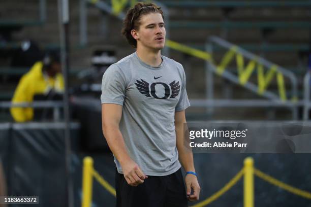 Justin Herbert of the Oregon Ducks looks on prior to taking on the Washington State Cougars during their game at Autzen Stadium on October 26, 2019...