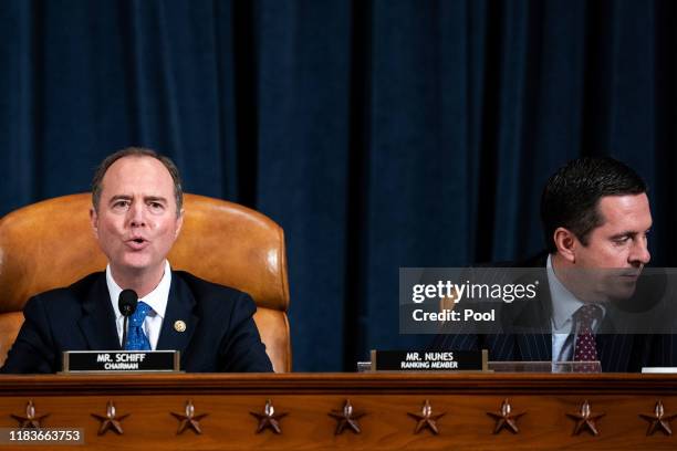 House Intelligence Committee Chairman Adam Schiff gives closing remarks with ranking member Devin Nunes following testimony by Laura Cooper, deputy...