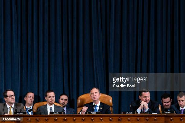 House Intelligence Committee Chairman Adam Schiff gives closing remarks with ranking member Devin Nunes following testimony by Laura Cooper, deputy...
