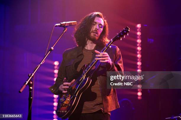 Episode 917 -- Pictured: Musical guest Hozier performs on November 20, 2019 --