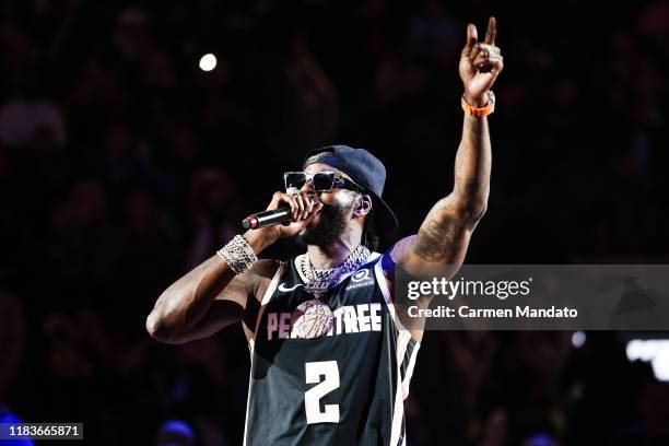 Rapper 2 Chainz performs during half time of the Milwaukee Bucks vs Atlanta Hawks game at State Farm Arena on November 20, 2019 in Atlanta, Georgia.