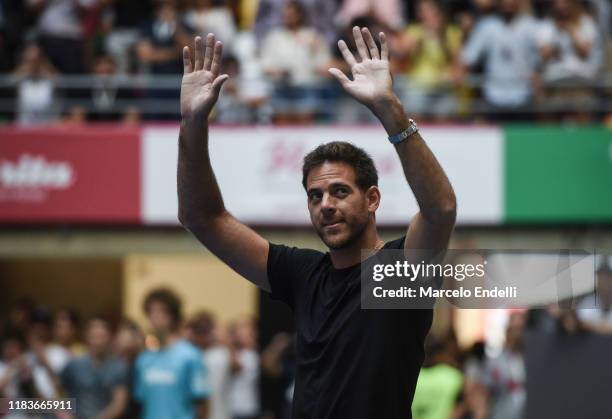 Juan Martin Del Potro of Argentina waves to fans before an exhibition game between Alexander Zverev and Roger Federer at Arena Parque Roca on...