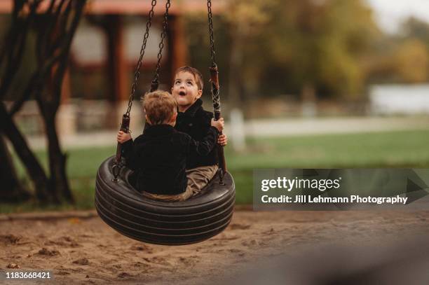 3 year old fratneral toddler boys play together on a tire swing - spielplatz einrichtung stock-fotos und bilder