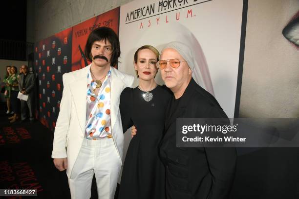 Evan Peters, Sarah Paulson, and Ryan Murphy attend FX's "American Horror Story" 100th Episode Celebration at Hollywood Forever on October 26, 2019 in...