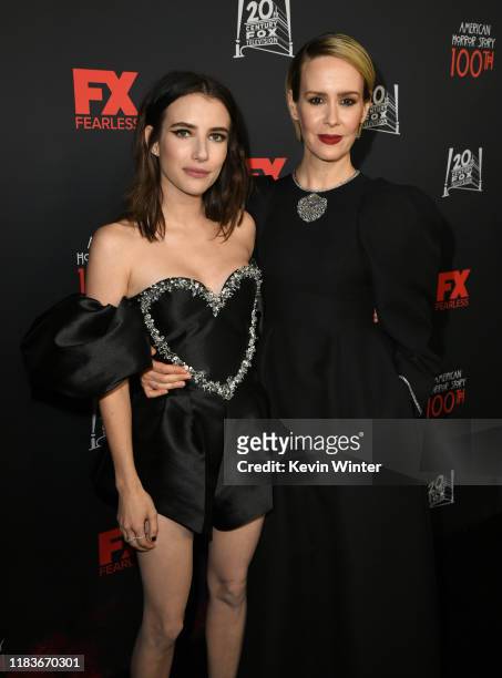 Emma Roberts and Sarah Paulson attend FX's "American Horror Story" 100th Episode Celebration at Hollywood Forever on October 26, 2019 in Hollywood,...