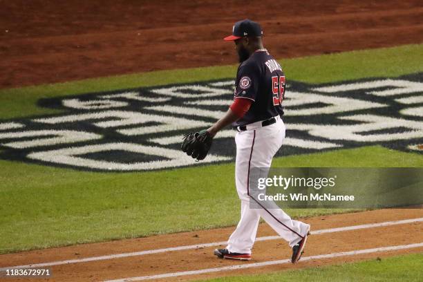 Fernando Rodney of the Washington Nationals is taken out of the game against the Houston Astros during the seventh inning in Game Four of the 2019...