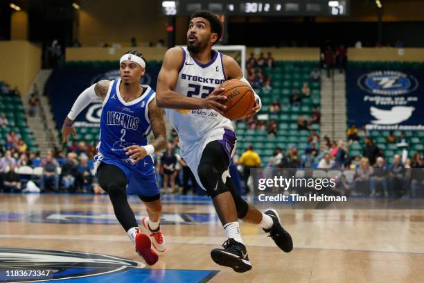 Gabe Vincent of the Stockton Kings drives to the basket during the second quarter against Nate Mason of the Texas Legends on November 20, 2019 at...