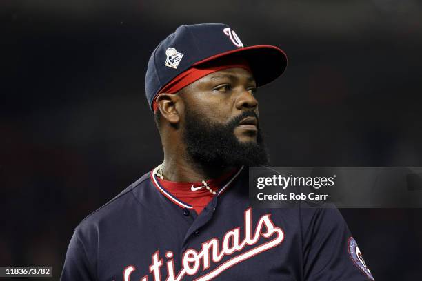 Fernando Rodney of the Washington Nationals is taken out of the game against the Houston Astros during the seventh inning in Game Four of the 2019...