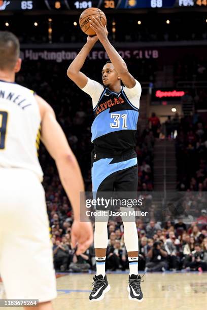 John Henson of the Cleveland Cavaliers shoots during the second half against the Indiana Pacers at Rocket Mortgage Fieldhouse on October 26, 2019 in...