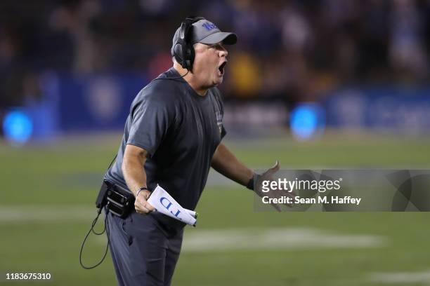 Head coach Chip Kelly yells at officials during the second half of a game against the Arizona State Sun Devils on October 26, 2019 in Los Angeles,...