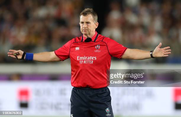 Referee Nigel Owens makes a decision during the Rugby World Cup 2019 Semi-Final match between England and New Zealand at International Stadium...
