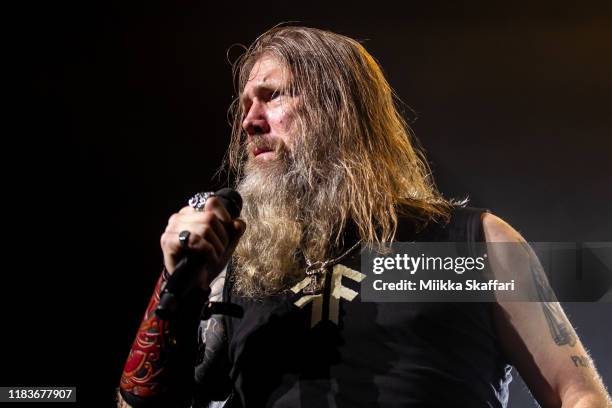 Johan Hegg of Amon Amarth performs at The Warfield Theater on October 25, 2019 in San Francisco, California.