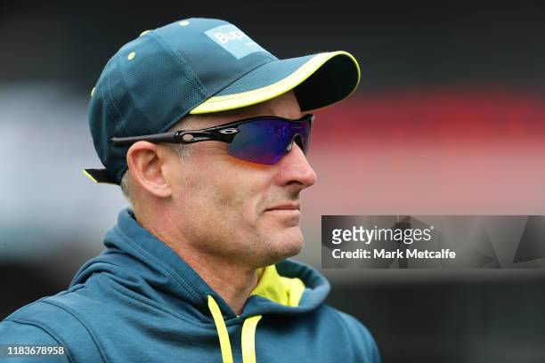 Australian coach Mike Hussey looks on before the Twenty20 International match between Australia and Sri Lanka at Adelaide Oval on October 27, 2019 in...