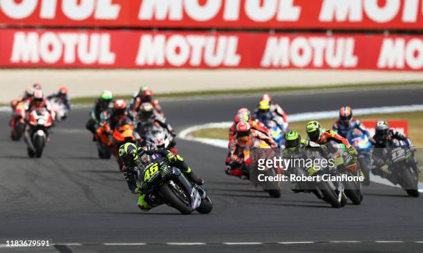 Valentino Rossi of Italy rides the Yamaha Factory Racing Yamaha leads the field during the 2019 MotoGP of Australia at Phillip Island Grand Prix...