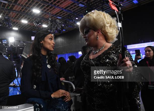 Actress Rosario Dawson, girlfriend of New Jersey Senator Cory Booker, speaks with Drag Queen Pissi Myles in the Spin Room after the fifth Democratic...