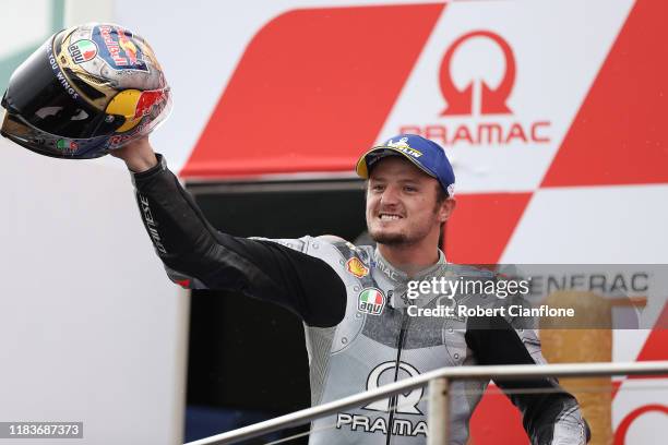 Jack Miller of Australia and rider of the Pramac Racing Ducati celebrates after he finished third during the 2019 MotoGP of Australia at Phillip...