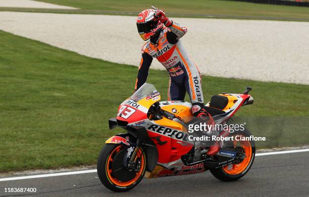 Marc Marquez of Spain and rider of the Repsol Honda Team Honda celebrates after he won the 2019 MotoGP of Australia at Phillip Island Grand Prix...