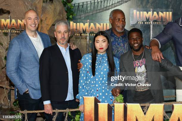 Hiram Garcia, Matt Tolmach, Awkwafina, Danny Glover and Kevin Hart attend the "Jumanji: The Nex Level" photo call at Montage Los Cabos on November...