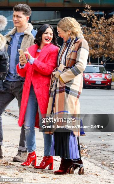 Lucy Hale, Julia Chan and Zane Holtz are seen on film set of the 'Katy Keene' in Queens on November 20, 2019 in New York City.
