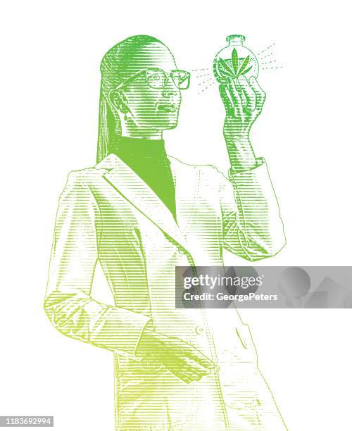 female lab technician examining beaker of cbd oil - cbd tincture stock illustrations