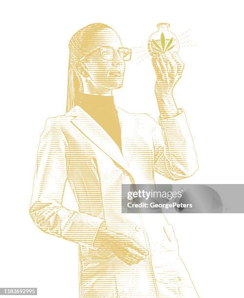 female lab technician examining beaker of cbd oil - marijuana leaf stock illustrations