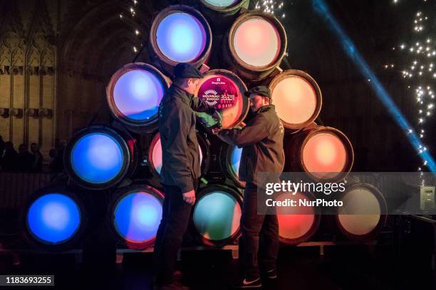 Traditional torchlight march followed by the breakthrough of the first barrel of Beaujolais Nouveau wine in Lyon, France, on November 21, 2019. A...