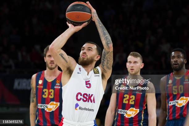 Free throws Mike James, #5 of CSKA Moscow in action during the 2019/2020 EuroLeague Regular Season Round 9 game between Baskonia Vitoria Gasteiz v...