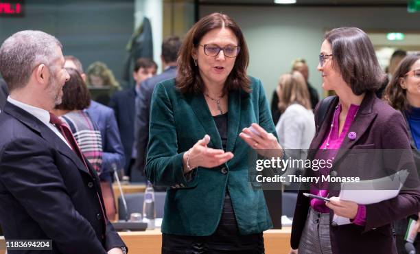 Italian State secretary of Economic Development Ivan Scalfarotto talks with the EU trade Commissioner Cecilia Malmstroem and the Spanish Minister of...