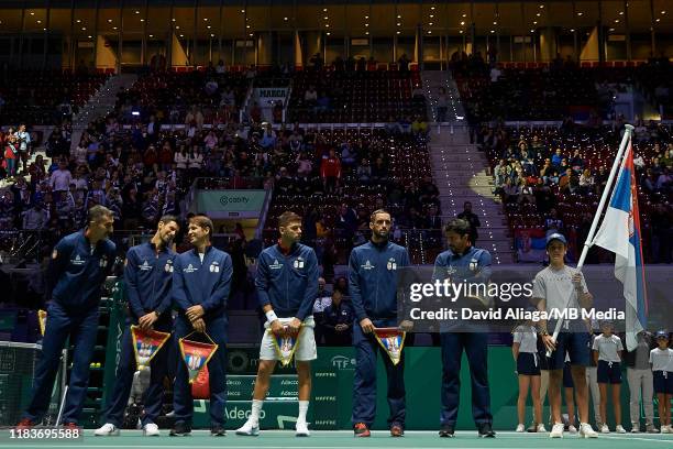 Players of team Serbia line up ahead to their match against France during Day Four of the 2019 Davis Cup at La Caja Magica on November 21, 2019 in...