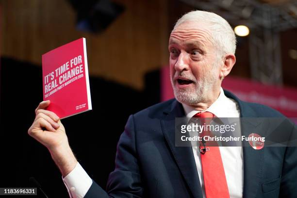 Labour leader Jeremy Corbyn poses during the launch of the party's election manifesto at Birmingham City University on November 21, 2019 in...