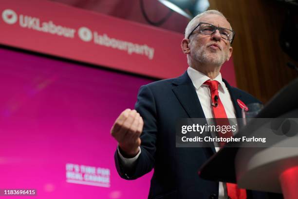 Labour leader Jeremy Corbyn speaks during the launch of the party's election manifesto at Birmingham City University on November 21, 2019 in...