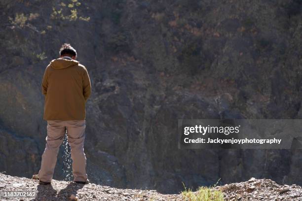 rear view of man urinating by path with mountain background - urinating stock-fotos und bilder