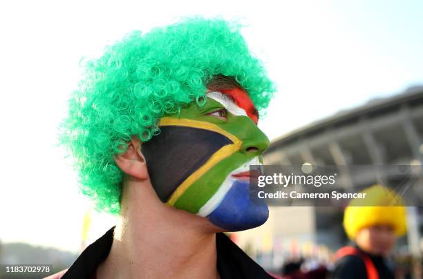 South African fan ad during the Rugby World Cup 2019 Semi-Final match between Wales and South Africa at International Stadium Yokohama on October 27,...