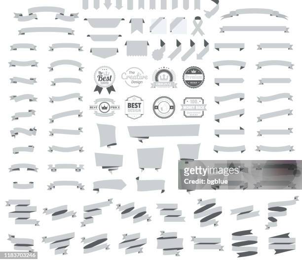 set of gray ribbons, banners, badges, labels - design elements on white background - ribbon sewing item stock illustrations
